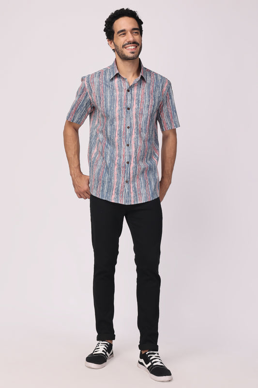 Men Handblocked Indigo/ Multicolor Striped Organic Cotton Shirt
