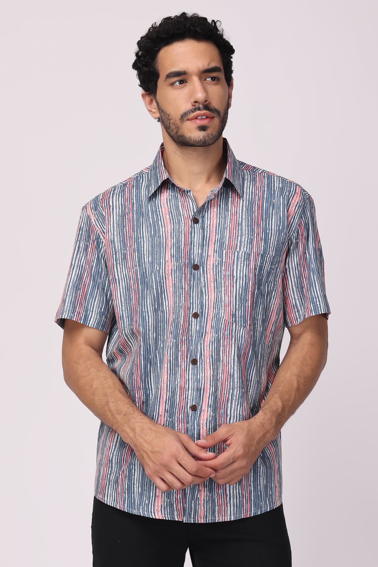 Men Handblocked Indigo/ Multicolor Striped Organic Cotton Shirt