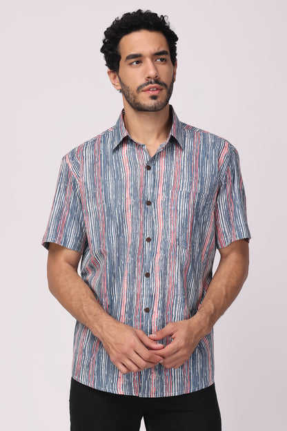Men Handblocked Indigo/ Multicolor Striped Organic Cotton Shirt