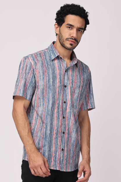 Men Handblocked Indigo/ Multicolor Striped Organic Cotton Shirt