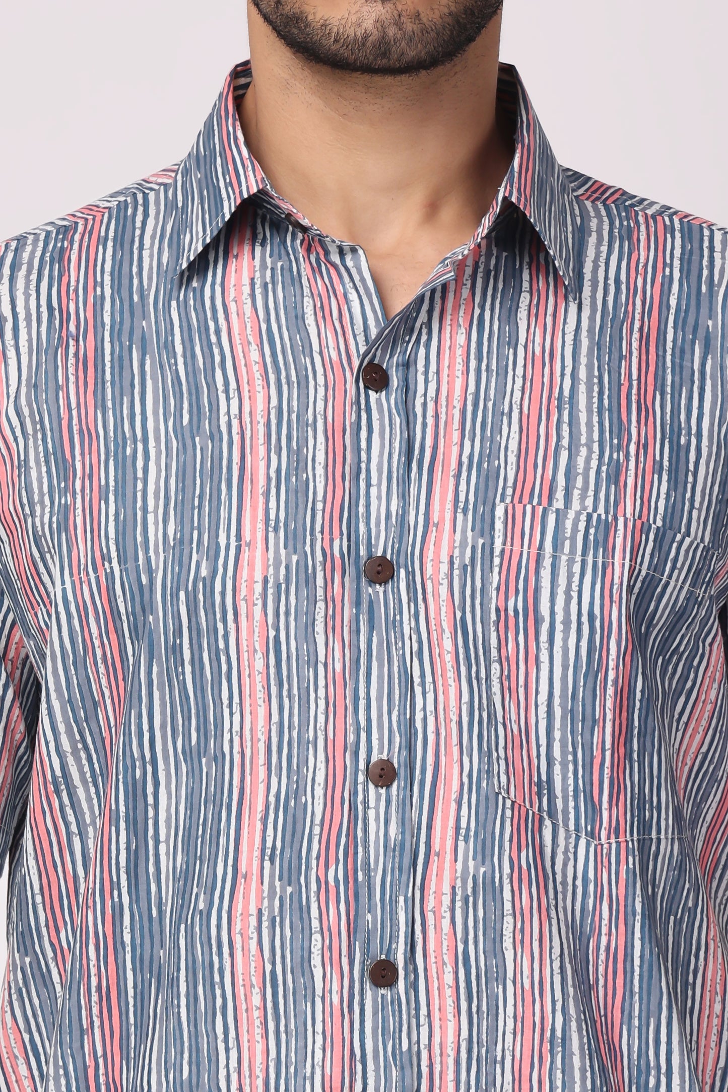 Men Handblocked Indigo/ Multicolor Striped Organic Cotton Shirt