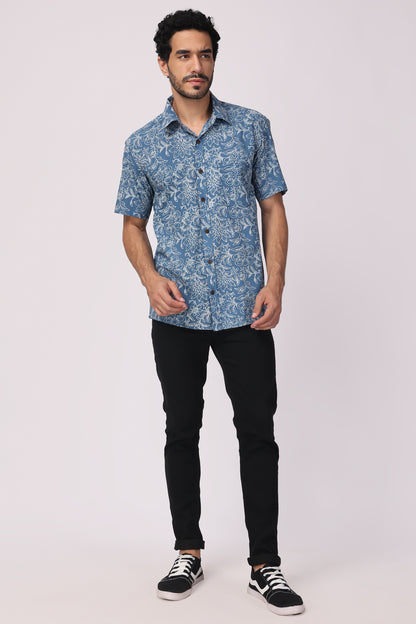 Men's Handblocked Indigo Floral Organic Cotton Shirt