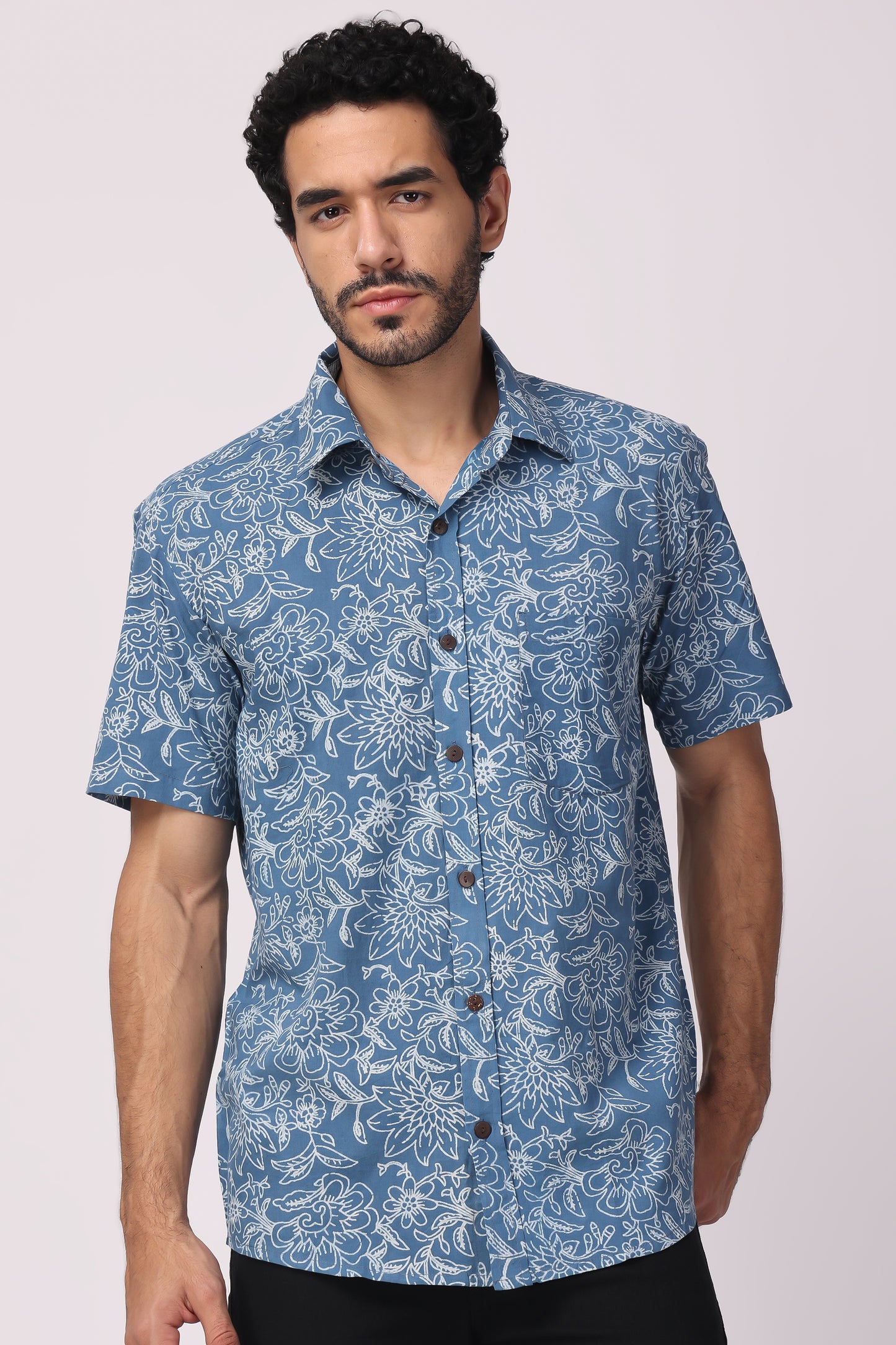 Men's Handblocked Indigo Floral Organic Cotton Shirt