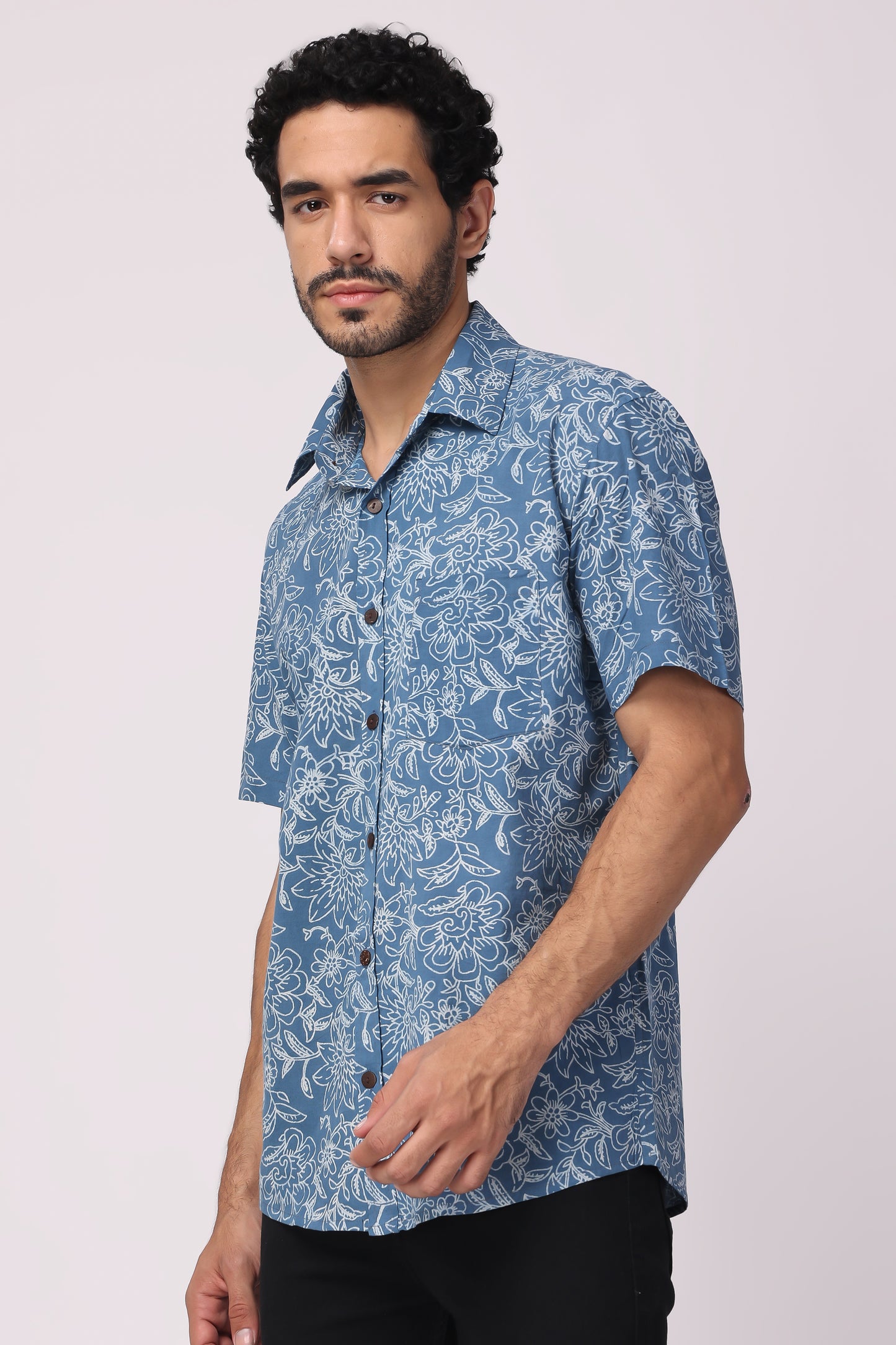 Men's Handblocked Indigo Floral Organic Cotton Shirt