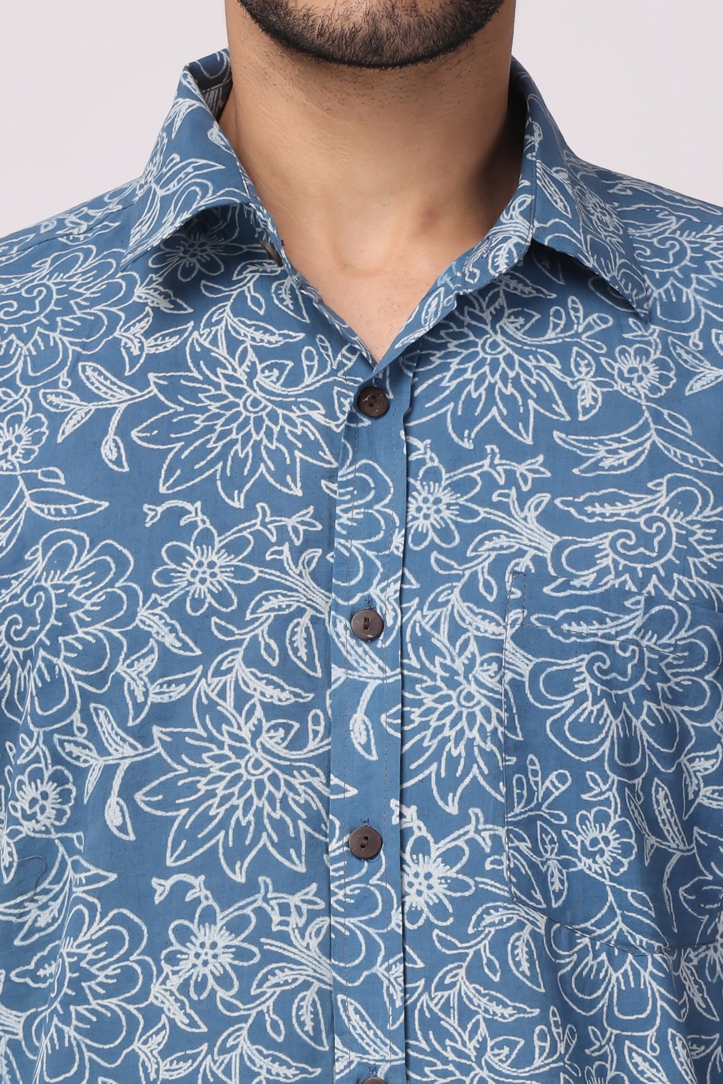 Men's Handblocked Indigo Floral Organic Cotton Shirt