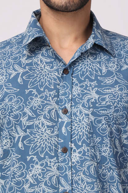 Men's Handblocked Indigo Floral Organic Cotton Shirt