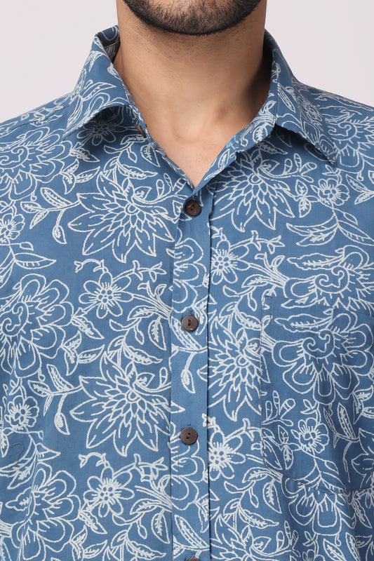 Men's Handblocked Indigo Floral Organic Cotton Shirt