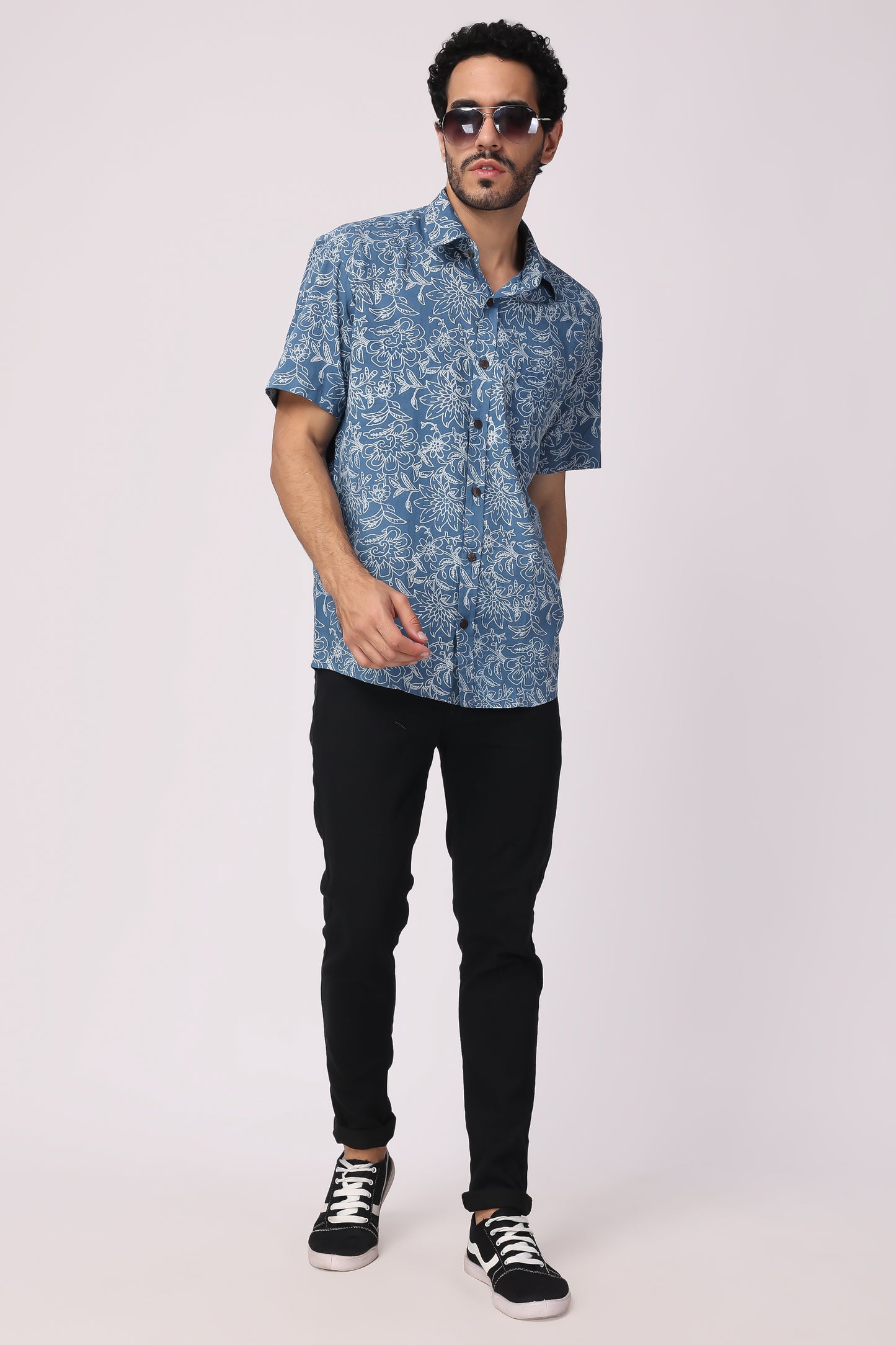 Men's Handblocked Indigo Floral Organic Cotton Shirt