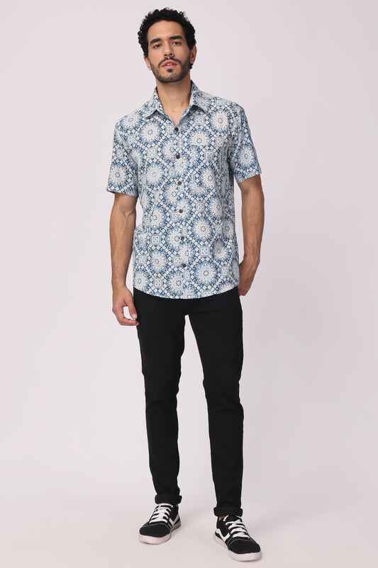 Men's Handblocked indigo / Jaipuri organic cotton shirt
