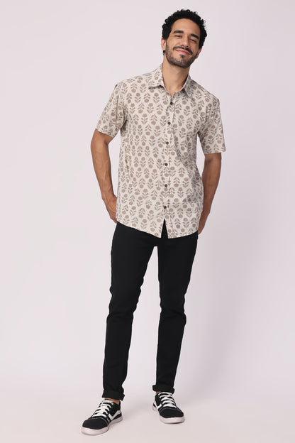Men's handblocked grey /floral organic cotton shirt