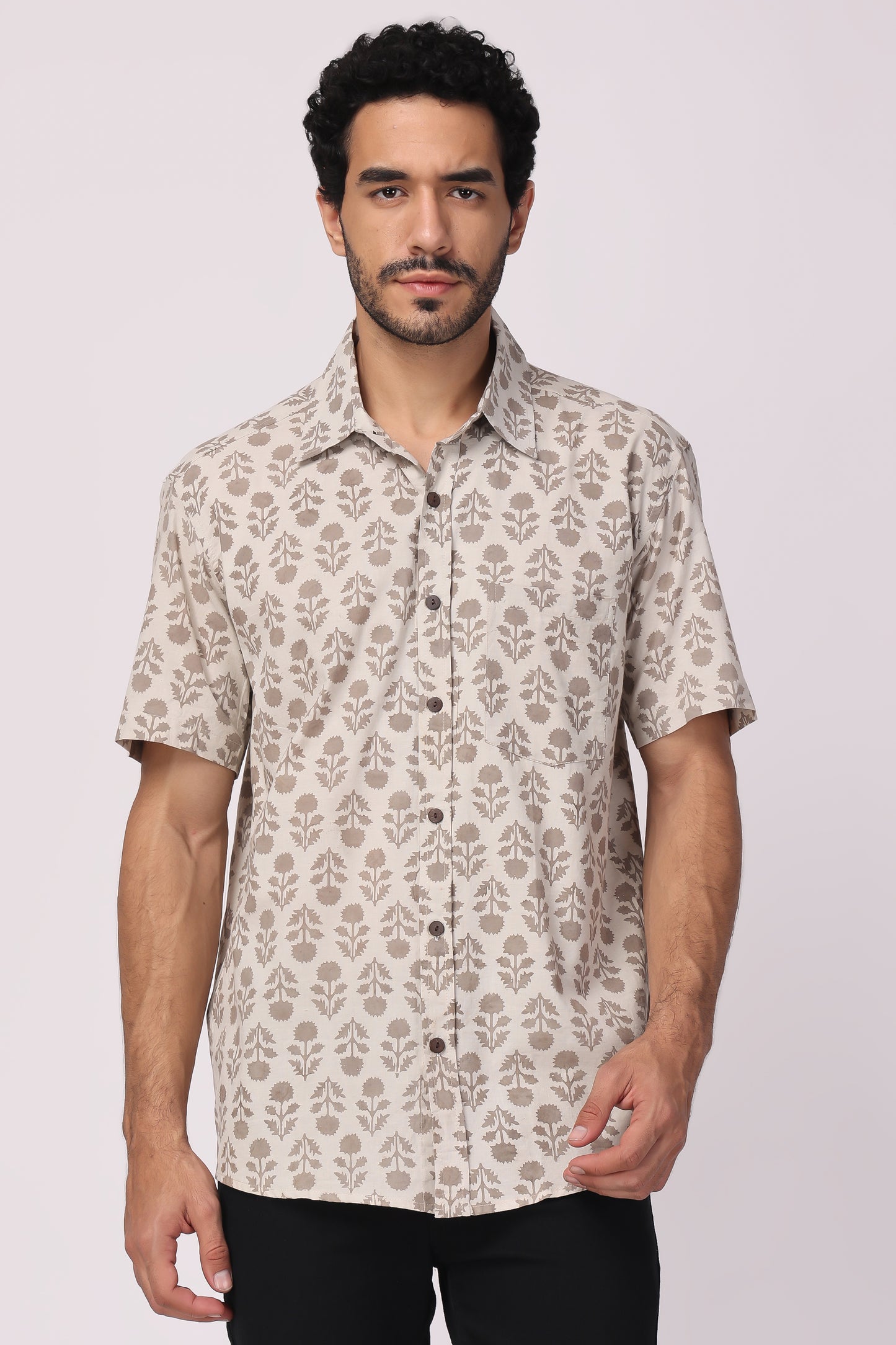 Men's handblocked grey /floral organic cotton shirt