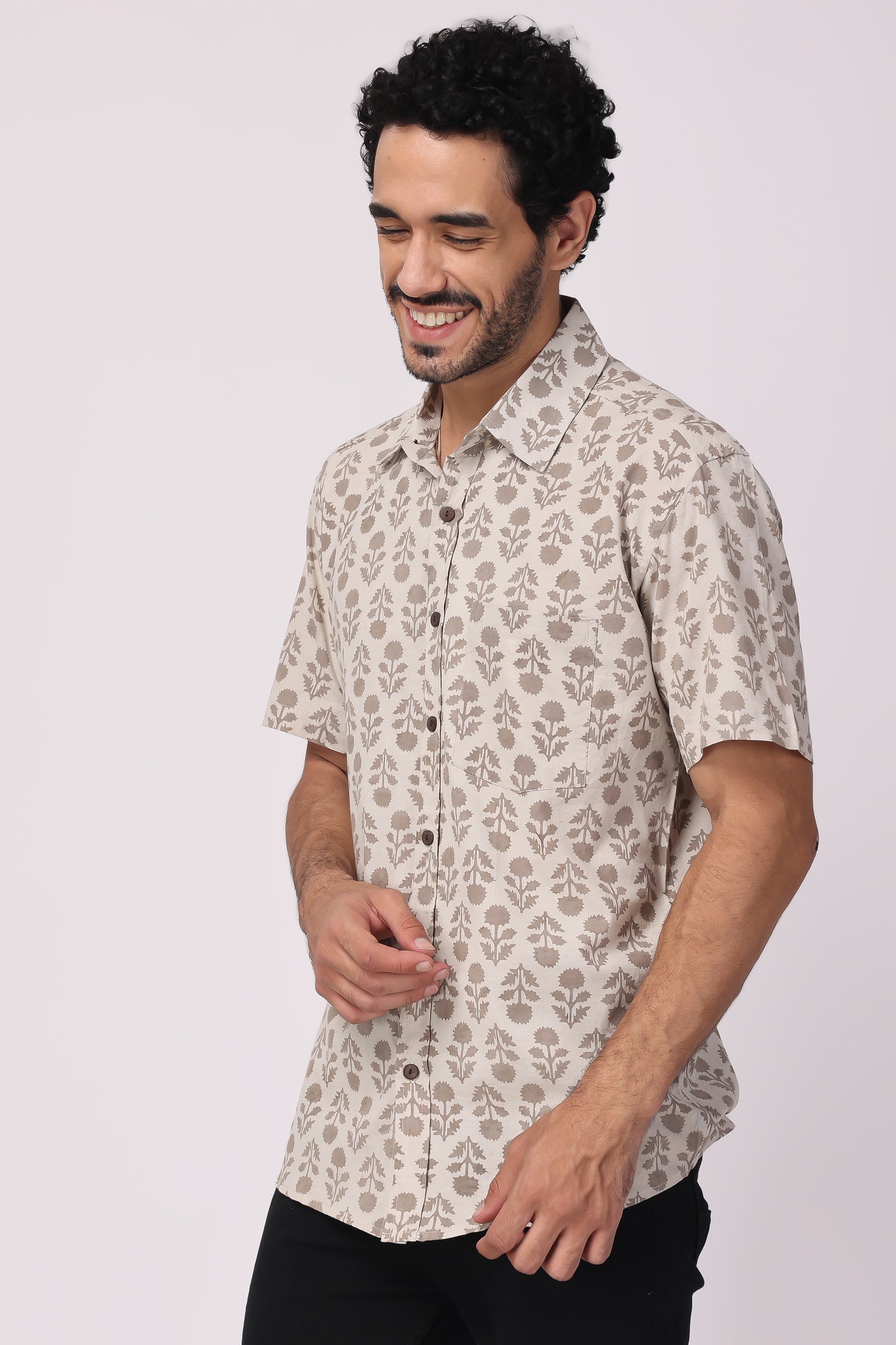 Men's handblocked grey /floral organic cotton shirt