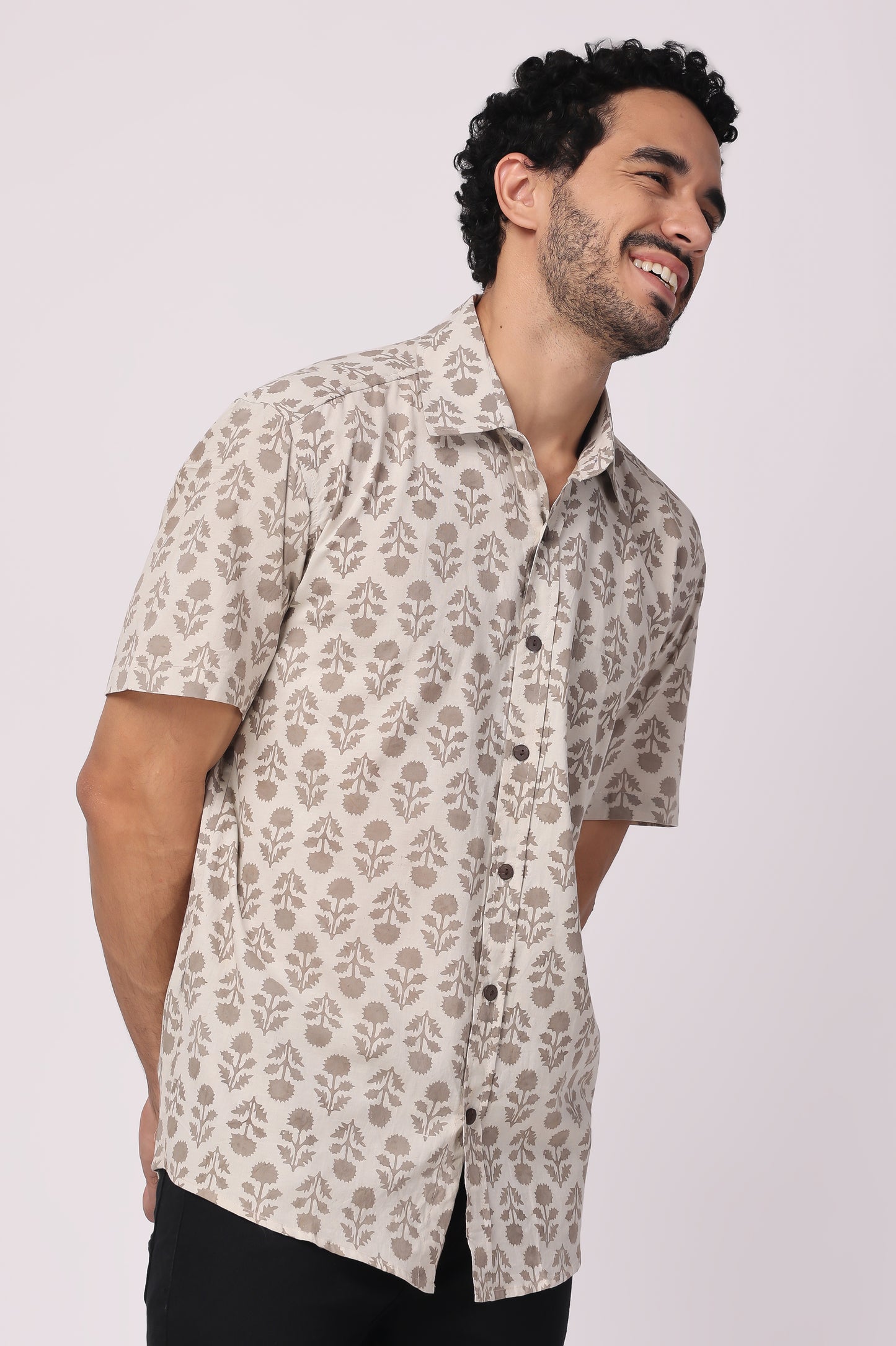 Men's handblocked grey /floral organic cotton shirt