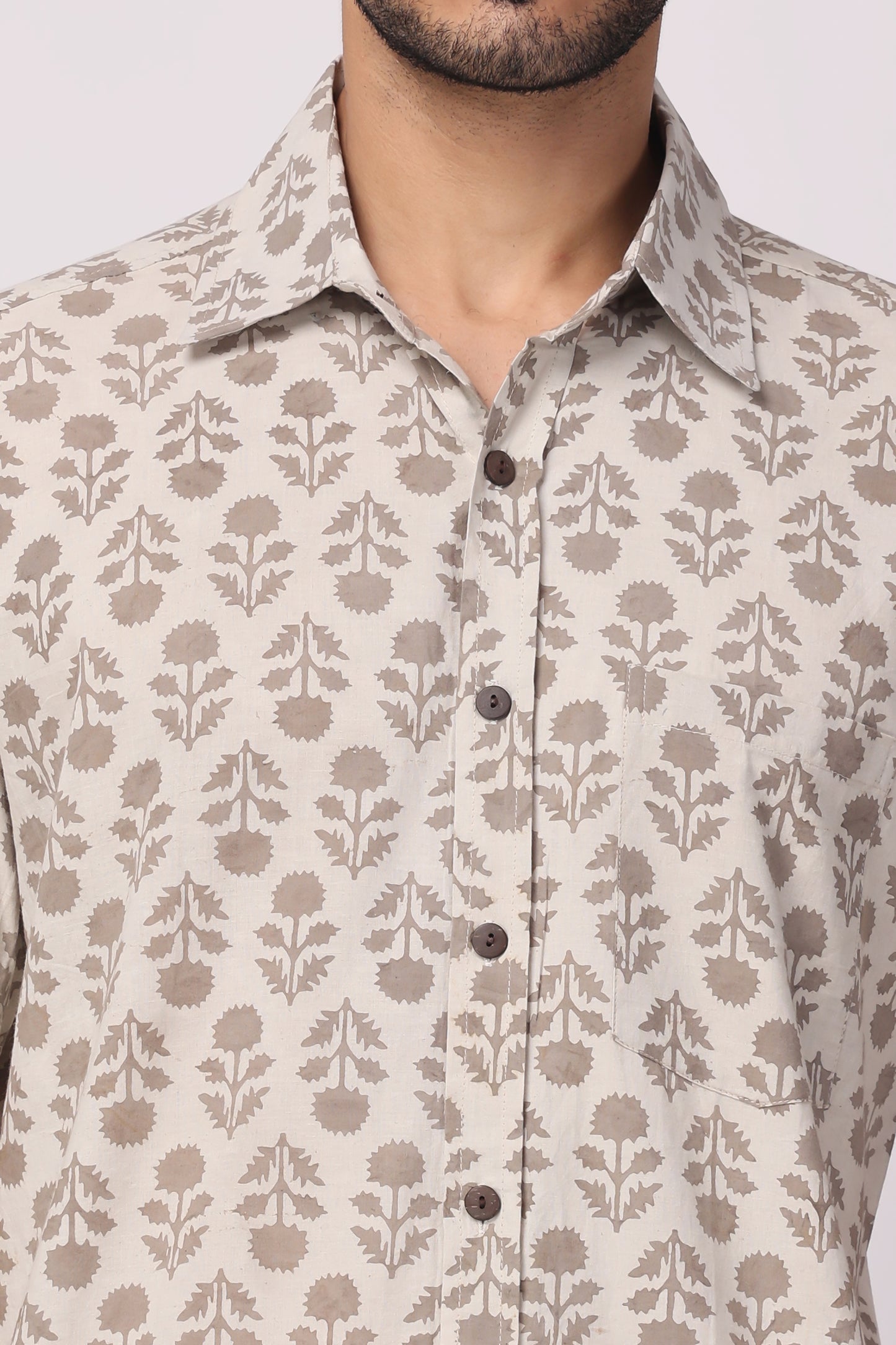 Men's handblocked grey /floral organic cotton shirt