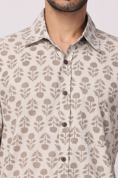 Men's handblocked grey /floral organic cotton shirt