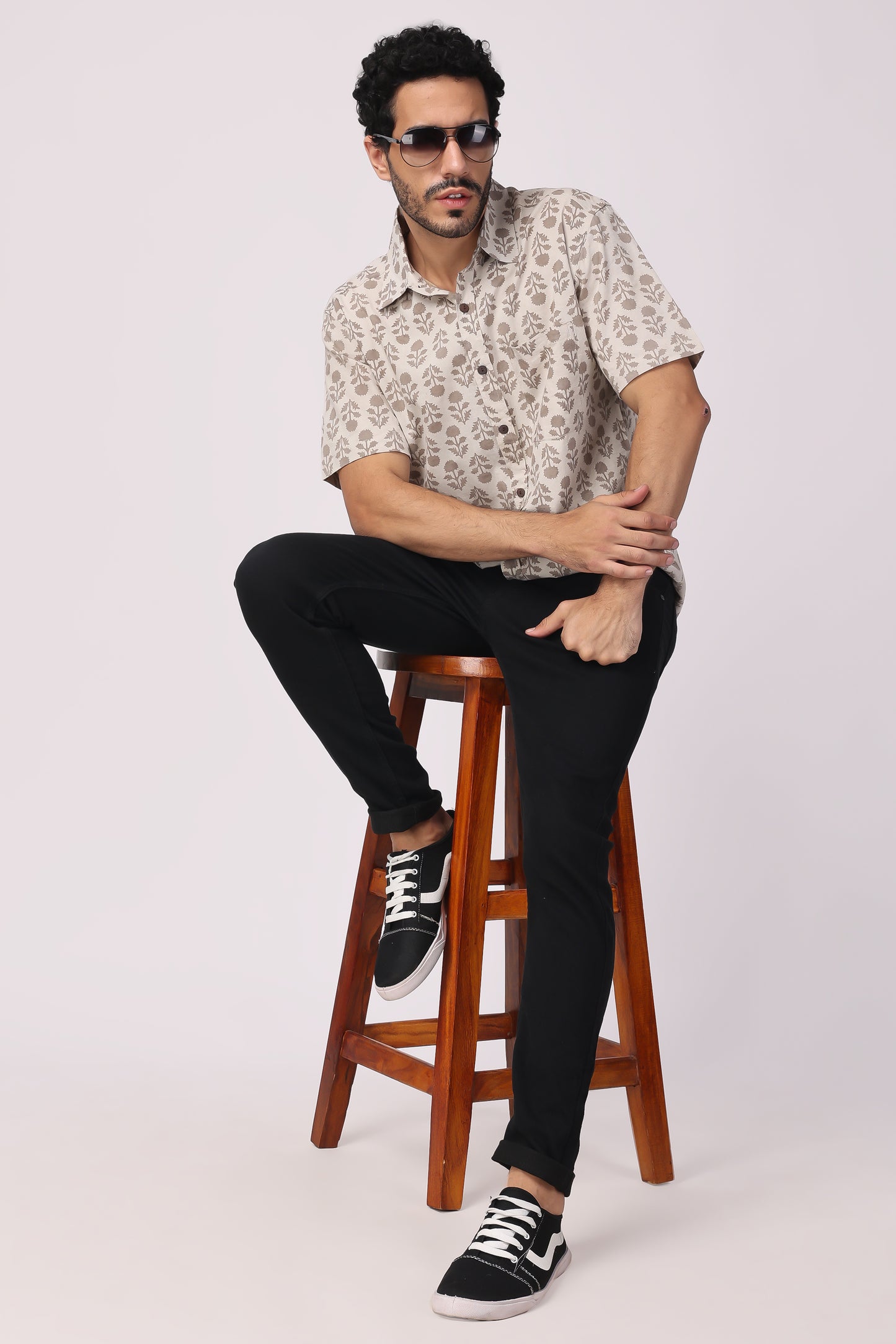 Men's handblocked grey /floral organic cotton shirt