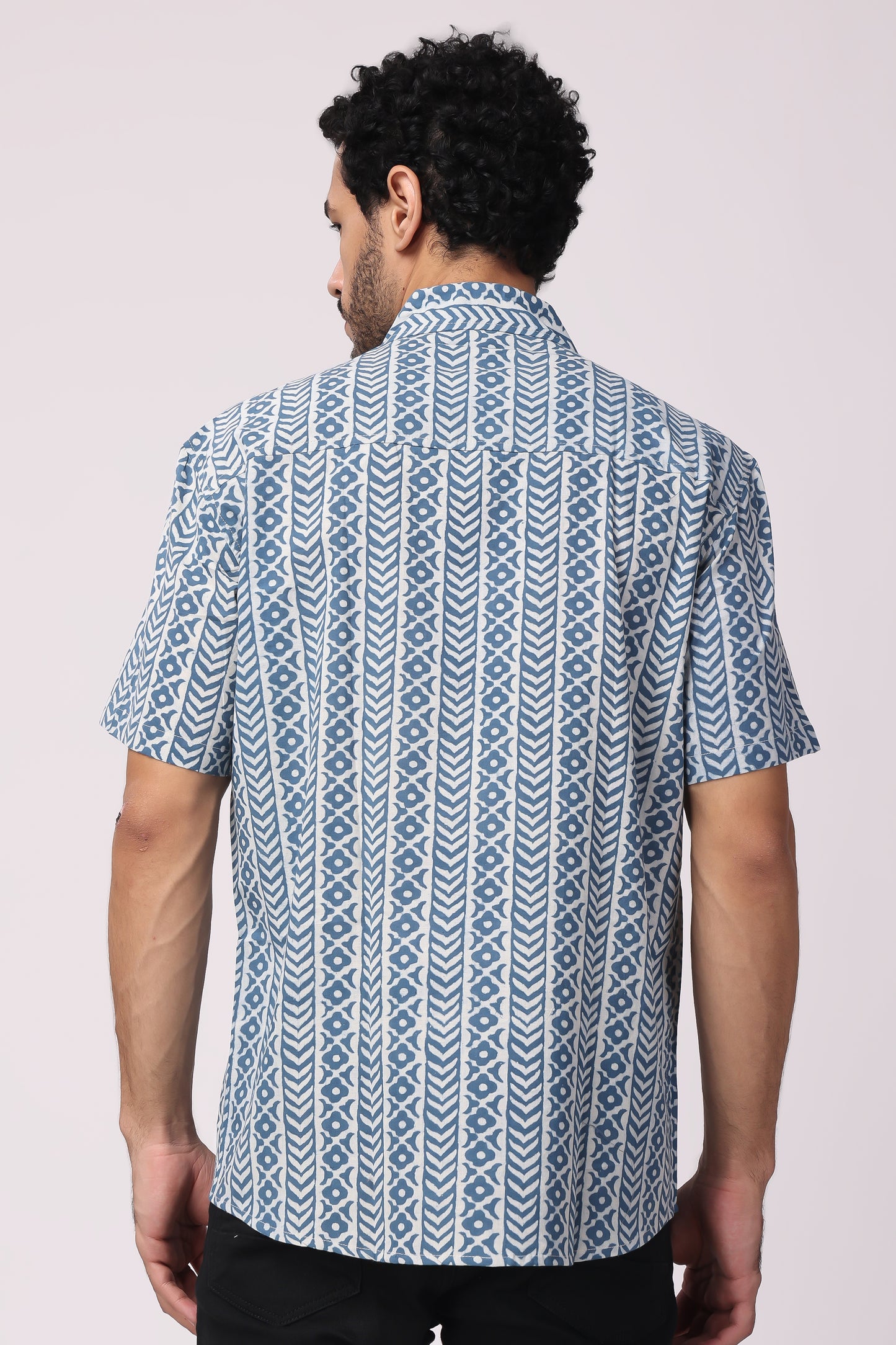 Men's Handblocked Vertical Indigo/White Organic Cotton Shirt