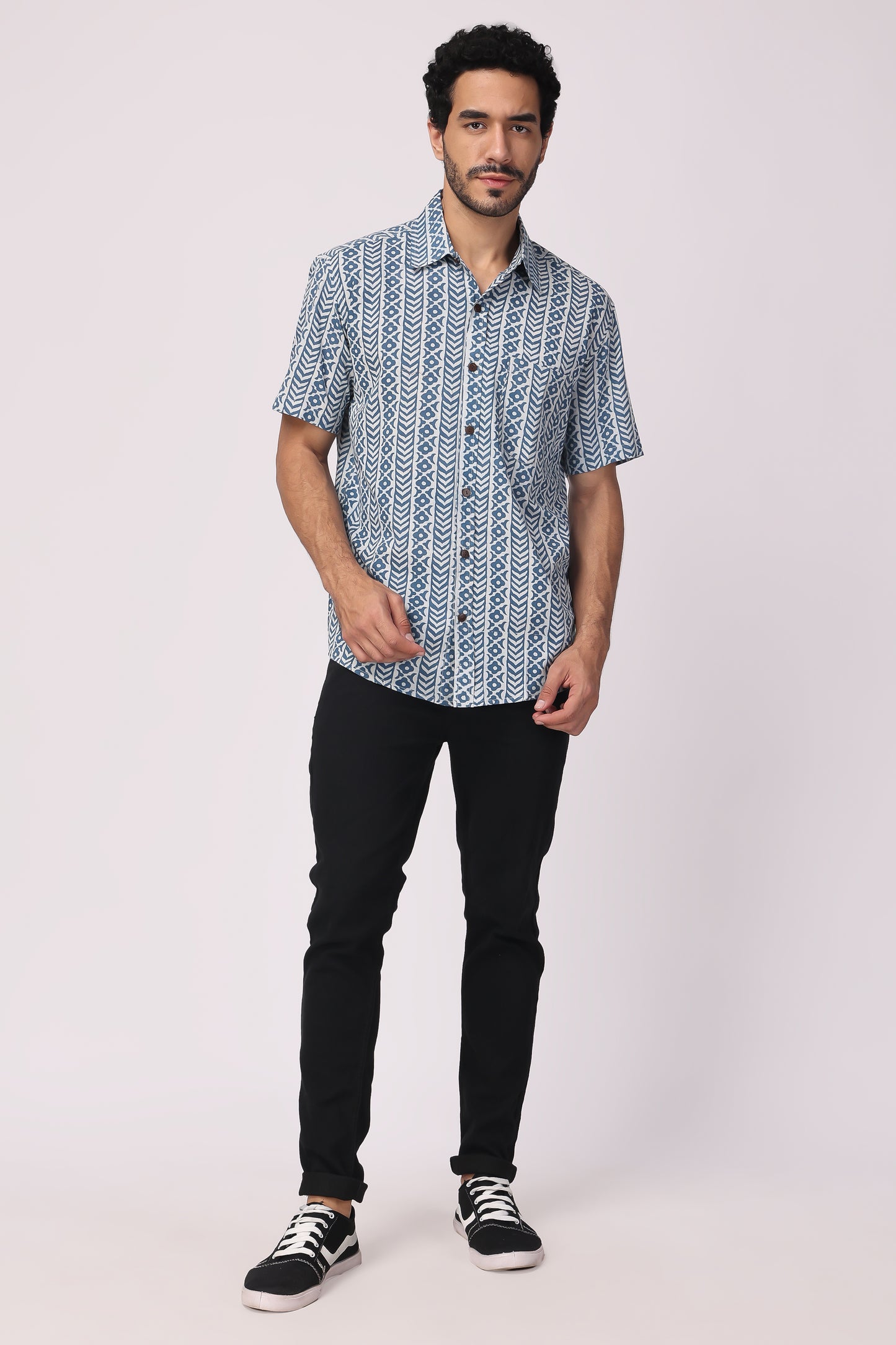 Men's Handblocked Vertical Indigo/White Organic Cotton Shirt