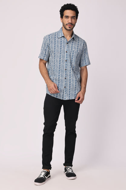 Men's Handblocked Vertical Indigo/White Organic Cotton Shirt