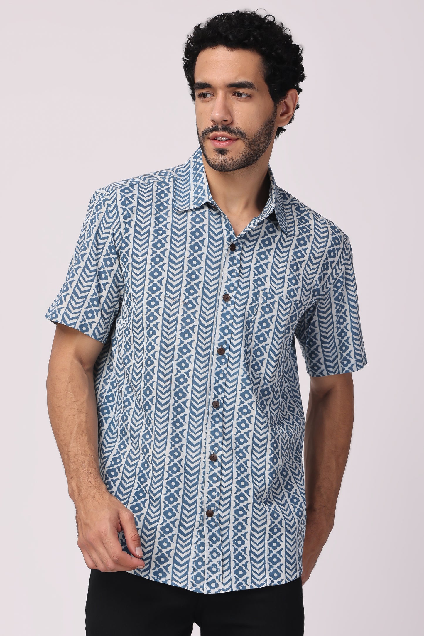 Men's Handblocked Vertical Indigo/White Organic Cotton Shirt