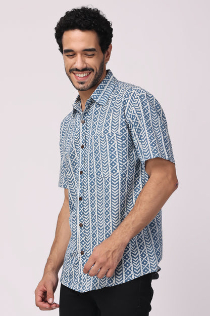 Men's Handblocked Vertical Indigo/White Organic Cotton Shirt