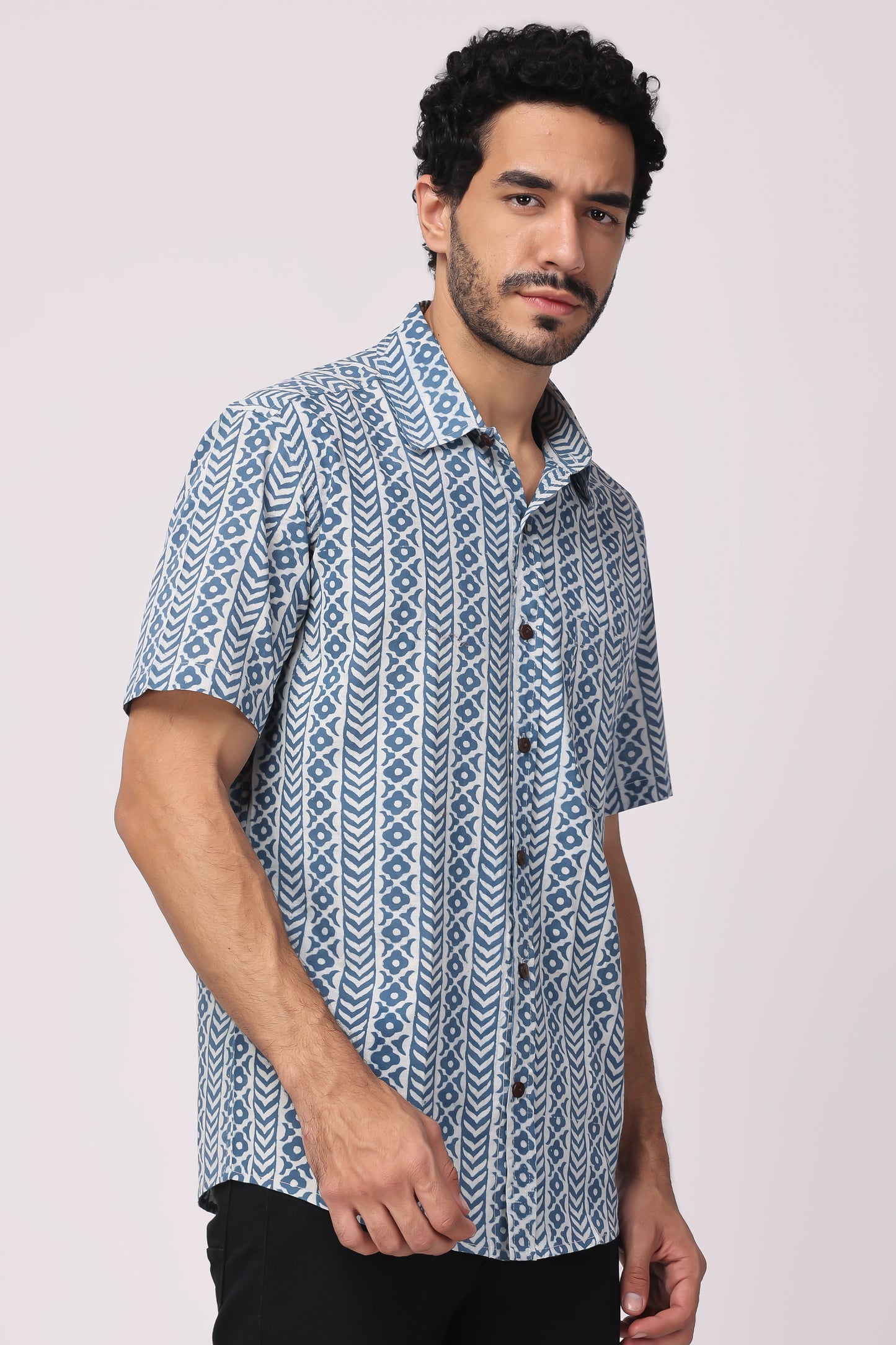 Men's Handblocked Vertical Indigo/White Organic Cotton Shirt