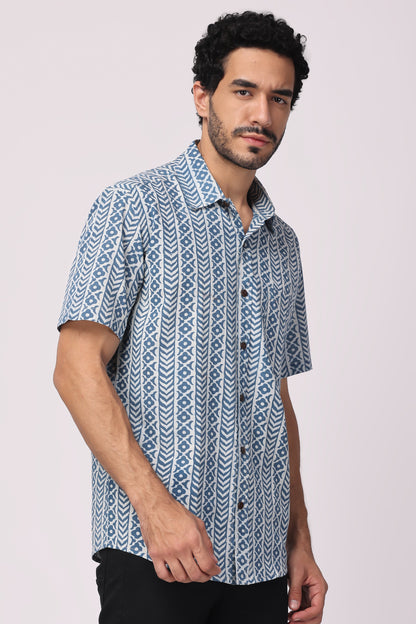 Men's Handblocked Vertical Indigo/White Organic Cotton Shirt