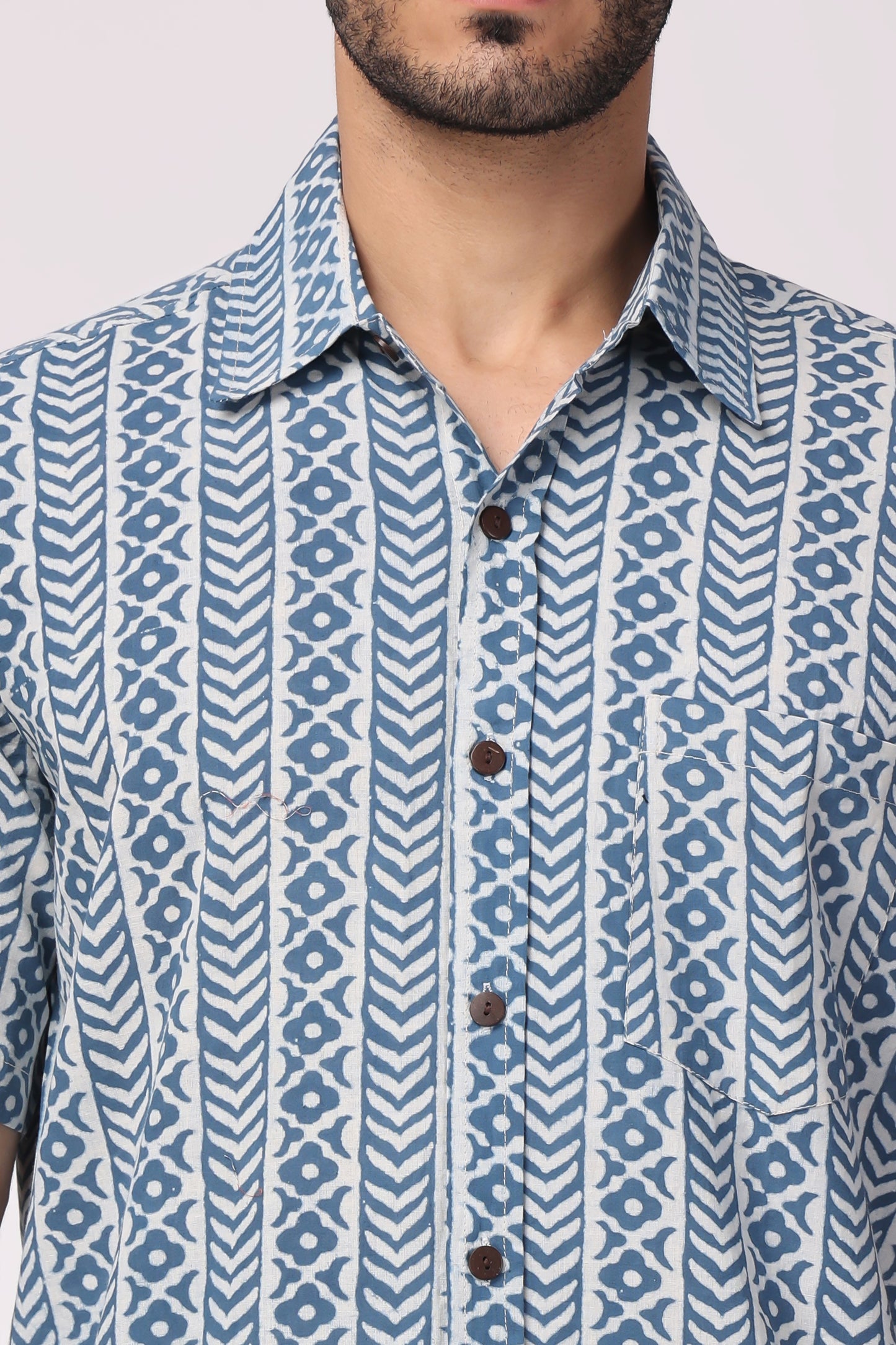 Men's Handblocked Vertical Indigo/White Organic Cotton Shirt