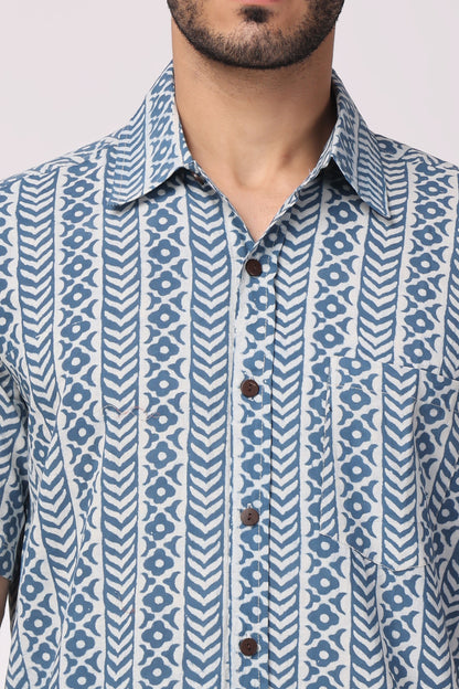Men's Handblocked Vertical Indigo/White Organic Cotton Shirt