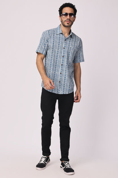 Men's Handblocked Vertical Indigo/White Organic Cotton Shirt