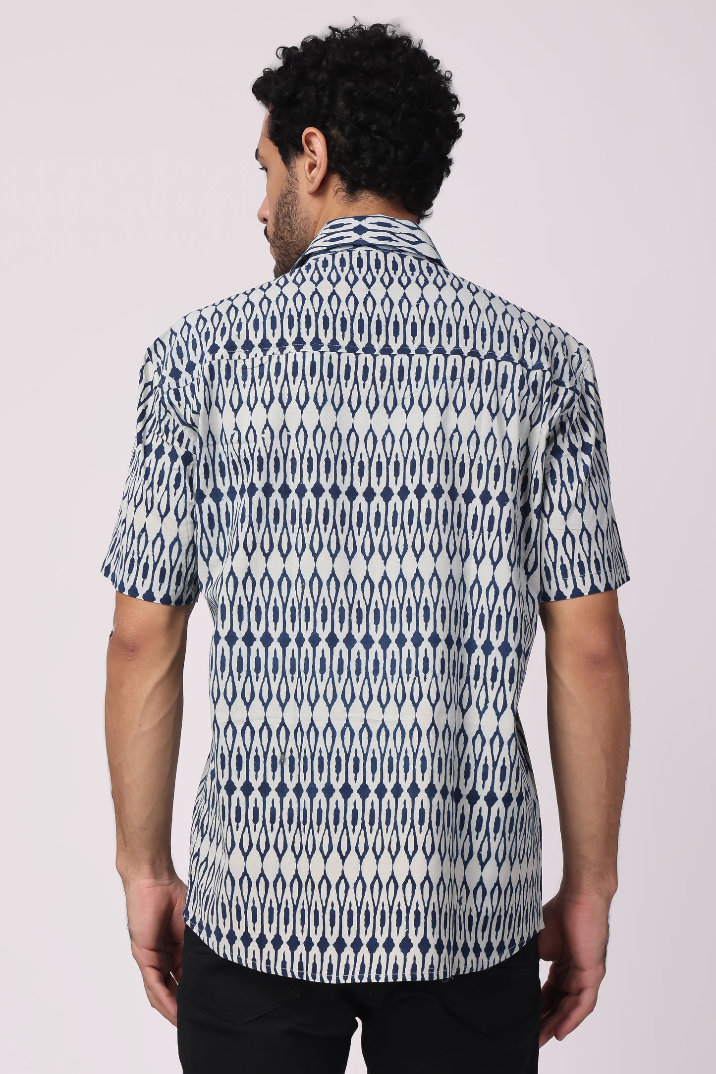 Men's  handblocked indigo / ikat organic cotton shirt