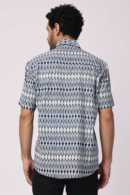 Men's  handblocked indigo / ikat organic cotton shirt