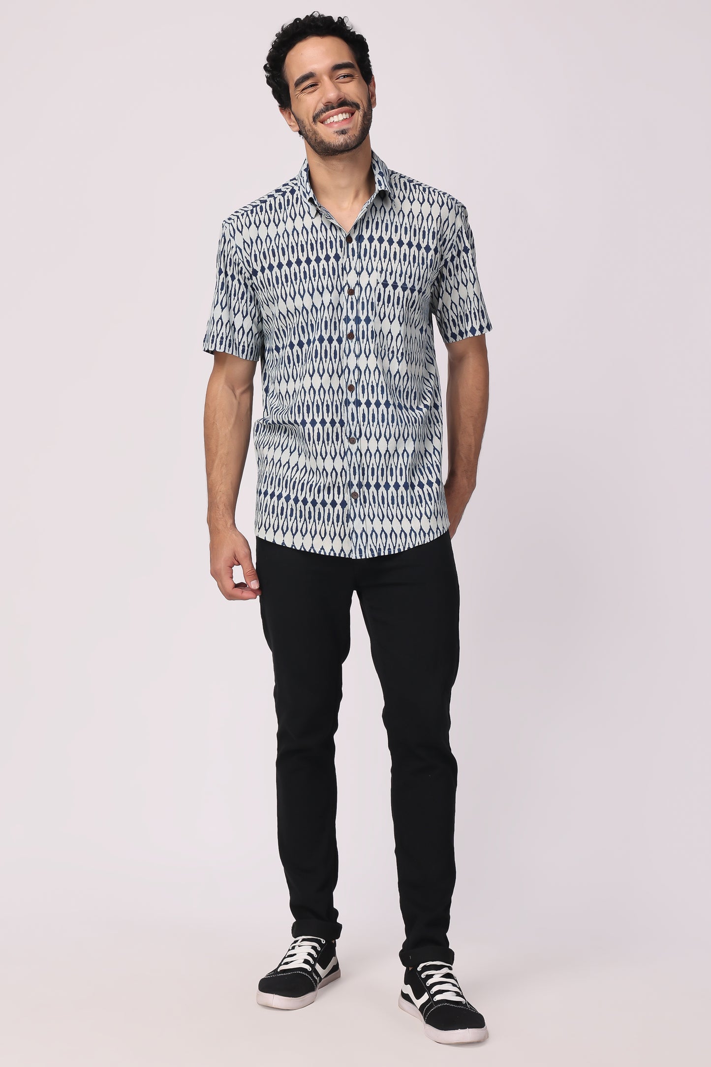 Men's  handblocked indigo / ikat organic cotton shirt