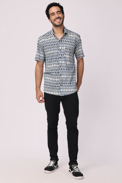 Men's  handblocked indigo / ikat organic cotton shirt