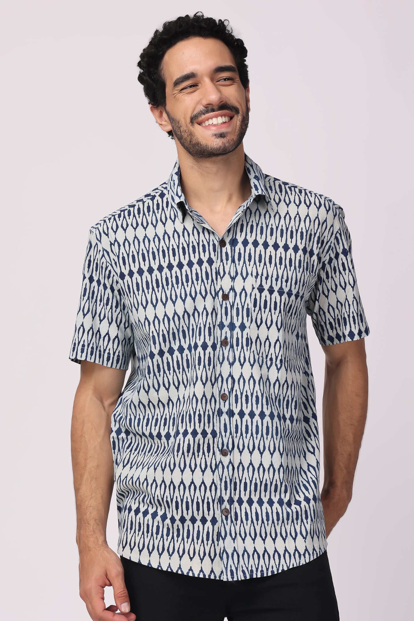 Men's  handblocked indigo / ikat organic cotton shirt
