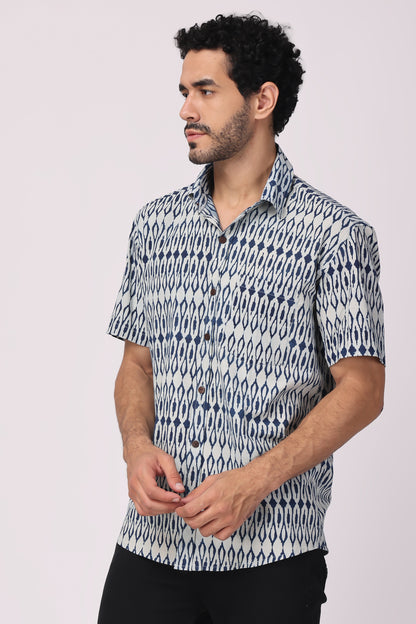 Men's  handblocked indigo / ikat organic cotton shirt