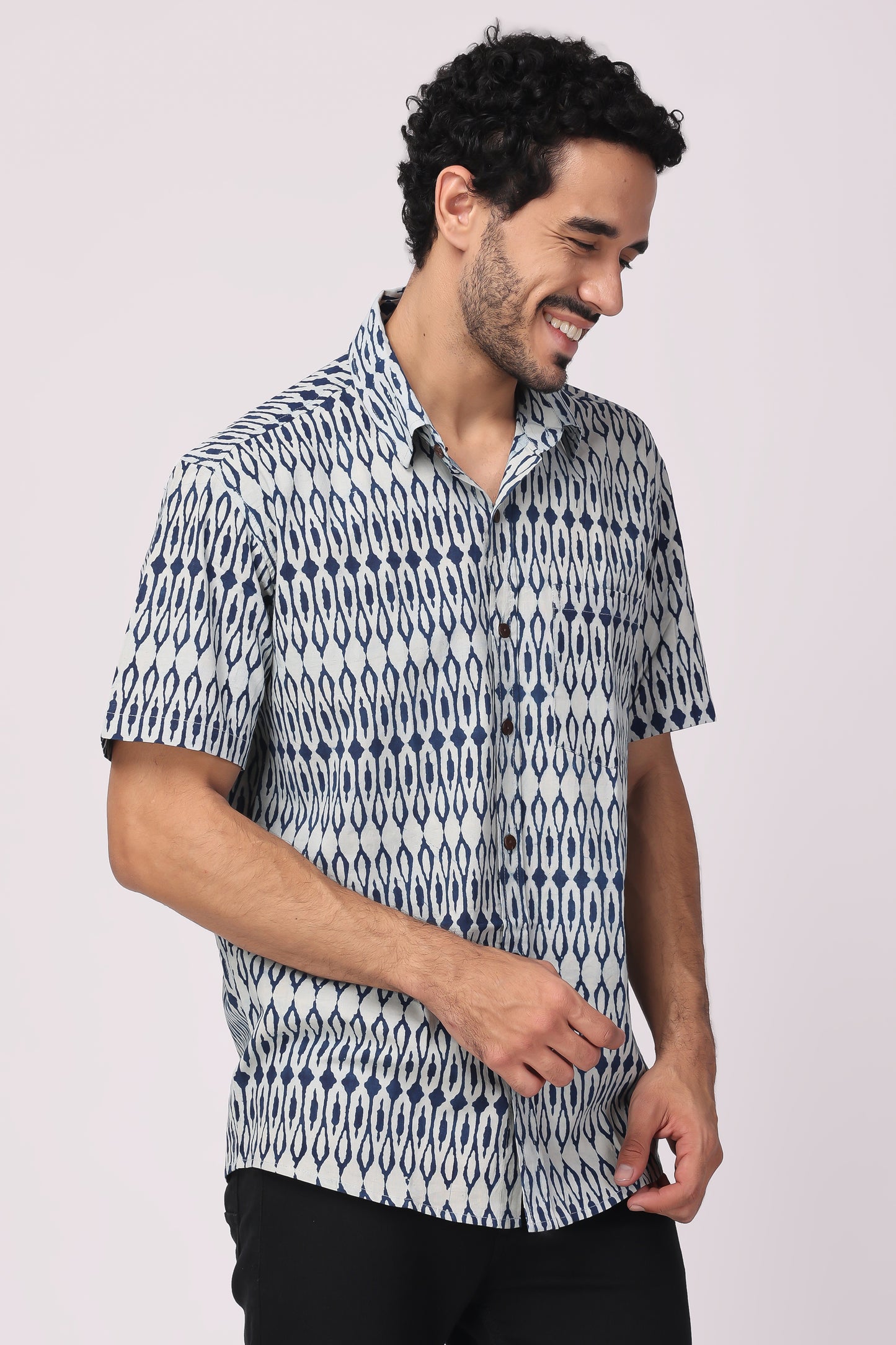 Men's  handblocked indigo / ikat organic cotton shirt
