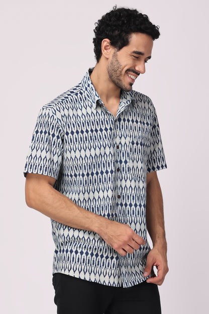 Men's  handblocked indigo / ikat organic cotton shirt