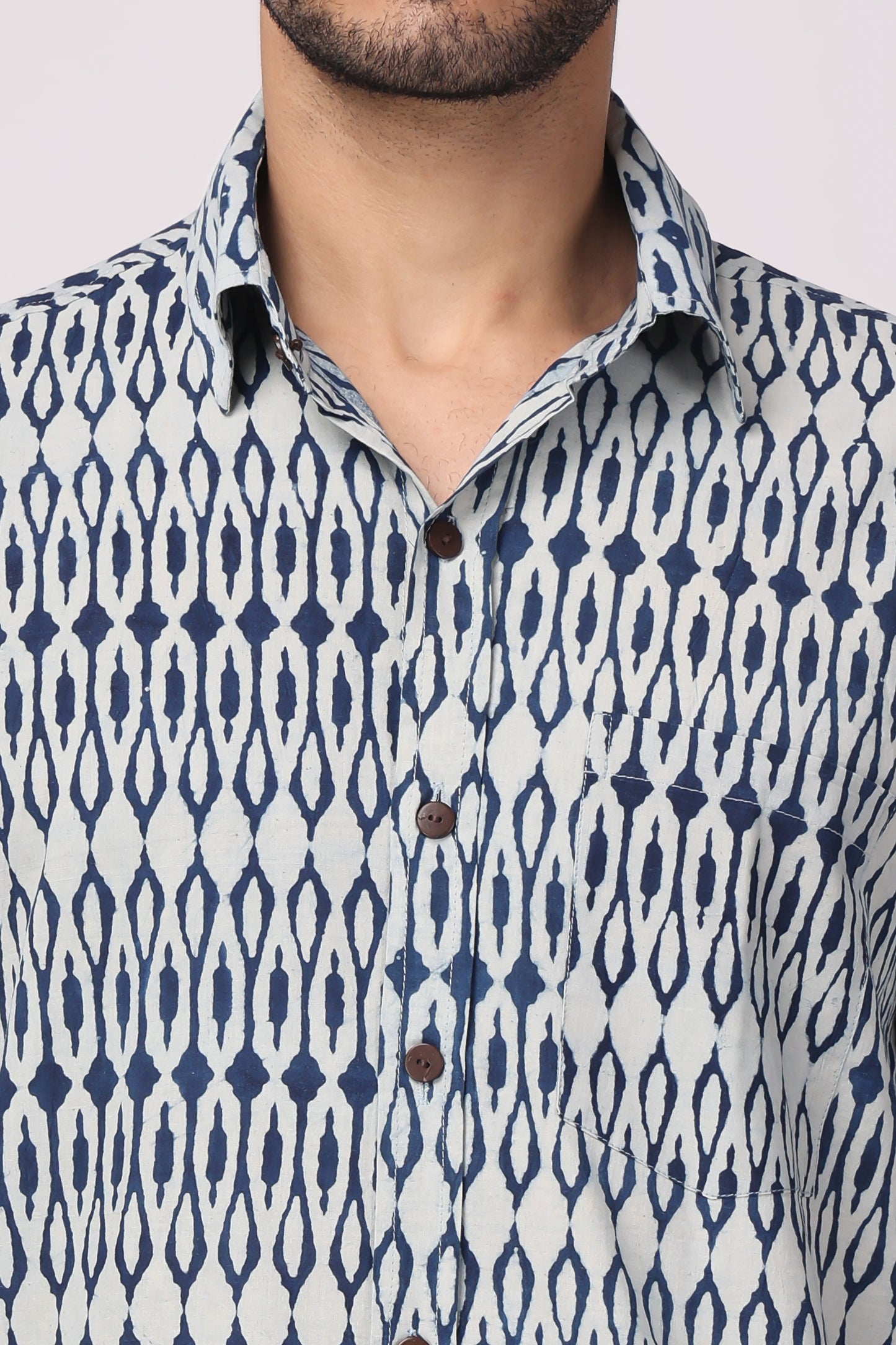 Men's  handblocked indigo / ikat organic cotton shirt