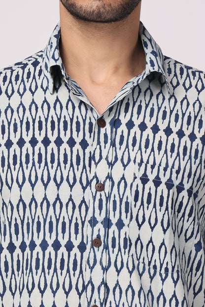 Men's  handblocked indigo / ikat organic cotton shirt