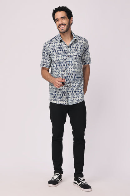 Men's  handblocked indigo / ikat organic cotton shirt
