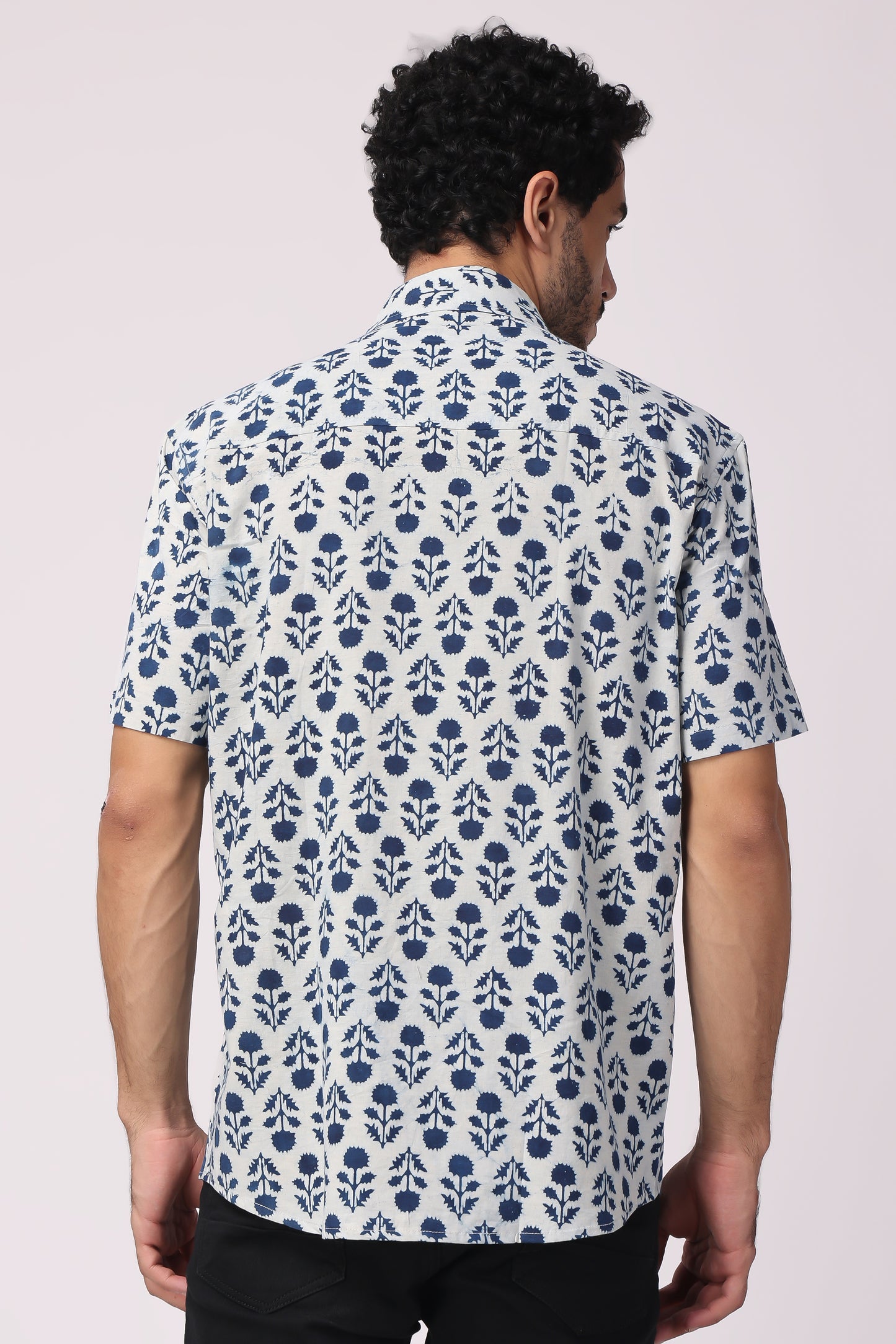 Men handblocked Indigo/ Floral organic cotton shirt