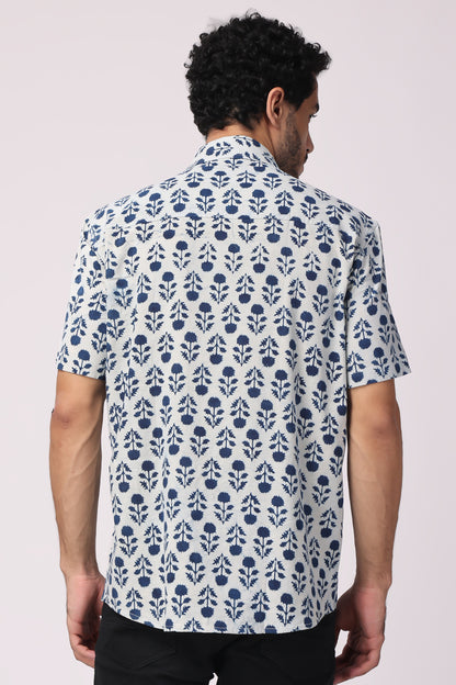 Men handblocked Indigo/ Floral organic cotton shirt