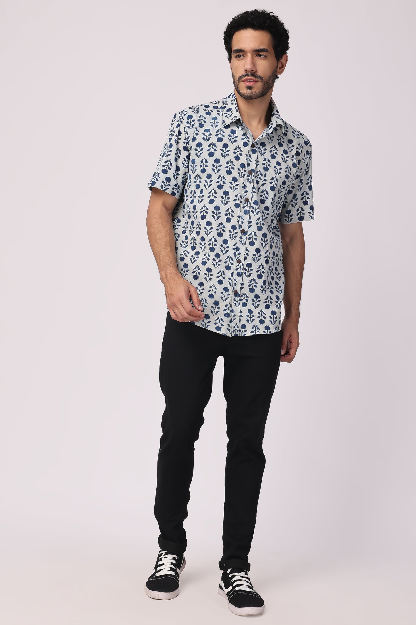 Men handblocked Indigo/ Floral organic cotton shirt