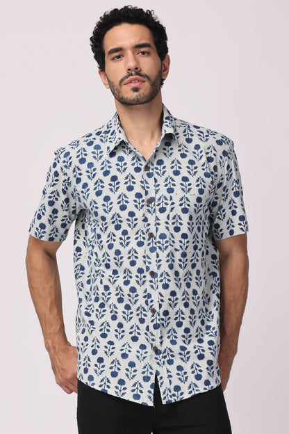 Men handblocked Indigo/ Floral organic cotton shirt