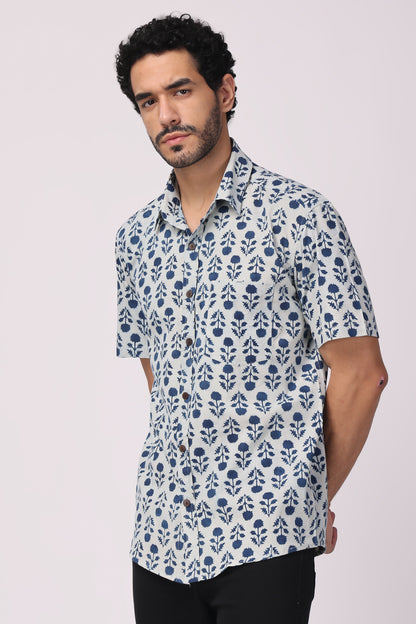Men handblocked Indigo/ Floral organic cotton shirt