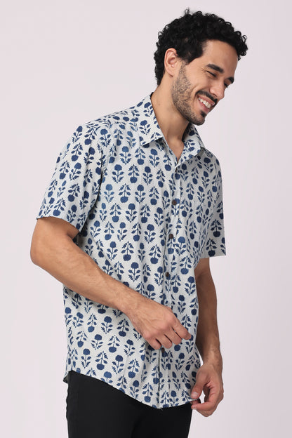 Men handblocked Indigo/ Floral organic cotton shirt
