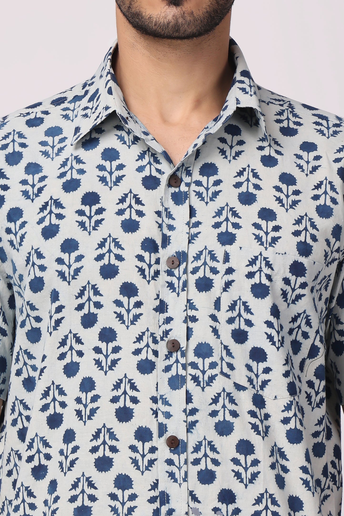Men handblocked Indigo/ Floral organic cotton shirt