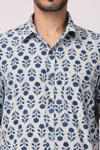 Men handblocked Indigo/ Floral organic cotton shirt