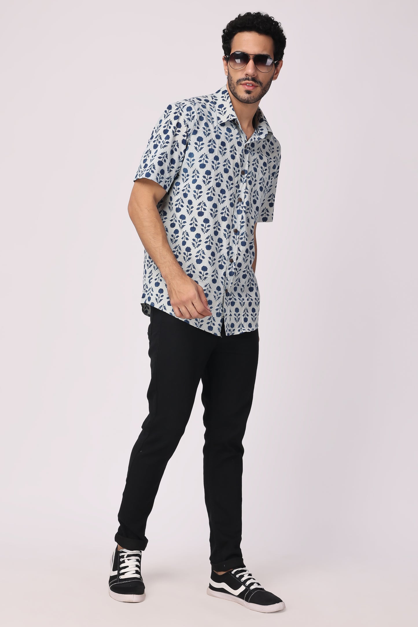 Men handblocked Indigo/ Floral organic cotton shirt